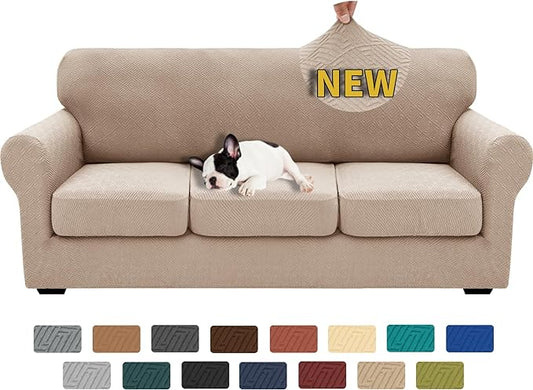 XINEAGE 2026 New 4 Pieces Couch Covers for 3 Cushion Couch Super Stretch Thick Soft Sofa Cover Anti Slip Sofa Slipcover Dogs Cats Furniture Protector (Khaki, 71"-91")