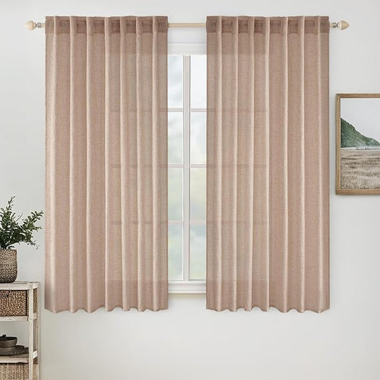 MIULEE Natural Beige Linen Curtains 63 Inch Length 2 Panels for Bedroom Living Room, Soft Linen Textured Window Drapes Semi Sheer Light Filtering Back Tab Rod Pocket Farmhouse Burlap Look Decor