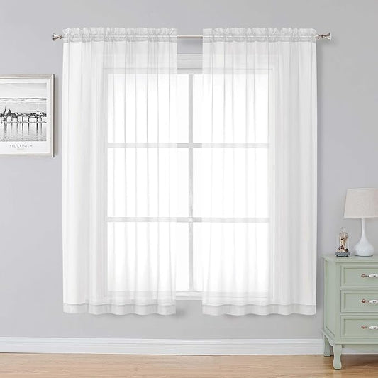 Simplebrand White Sheer Curtains, 63" Length, 2 Panels Set - Light Filtering, Rod Pocket Window Curtains for Bedroom (White, 59" W x 63" L)