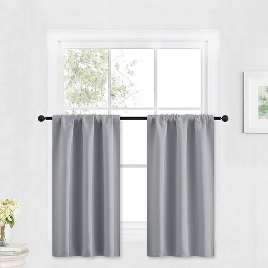 RYB HOME Blackout Cafe Curtains 30 inch Length, Short Light UV Heat Blocking Energy Saving Privacy Curtain Tiers for Basement Bathroom Kitchen Window, Width 29 by Length 30, Silver Grey, 2 Panels