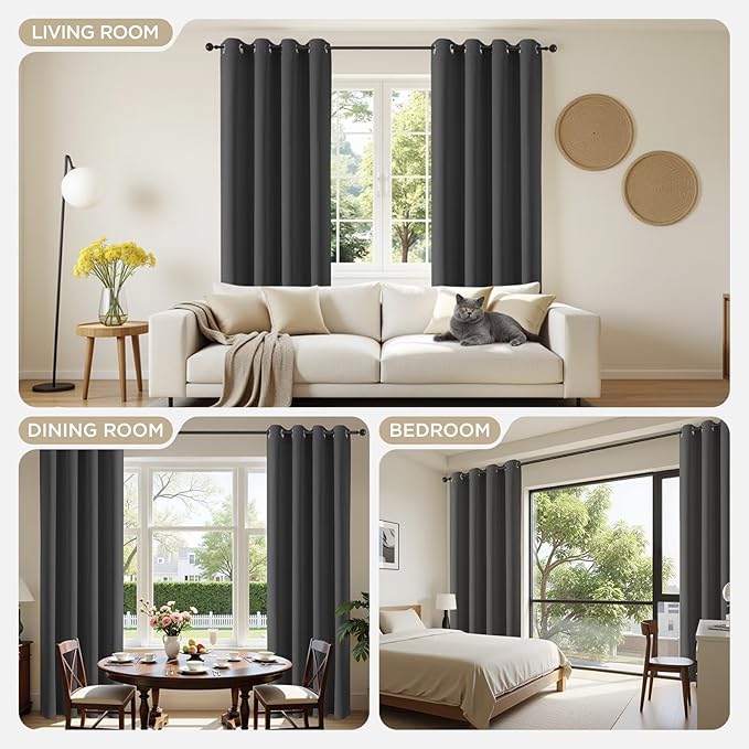 Joydeco Blackout Curtains 72 Inch Length 2 Panels Set, Thermal Insulated Long Curtains& Drapes 2 Burg, Room Darkening Grommet Drapes for Living Room Bedroom Window (Dark Grey, W52 x L72 Inch)