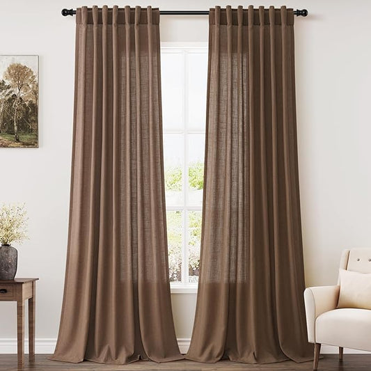 Caramel Brown Linen Curtains 120 Inch Extra Long for Living Room Back Tab Light Filtering Semi Sheer Drapes Modern Farmhouse Decor Cotton Textured Curtain for Floor to Ceiling High Window 52x120