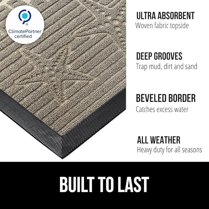 GORILLA GRIP 100% Waterproof All-Season WeatherMAX Doormat US Designed Natural Rubber, Stain and Fade Resistant, Low Profile Indoor Outdoor Door Mats, Easy Clean Patio Mat, 29x17, Sand Beach