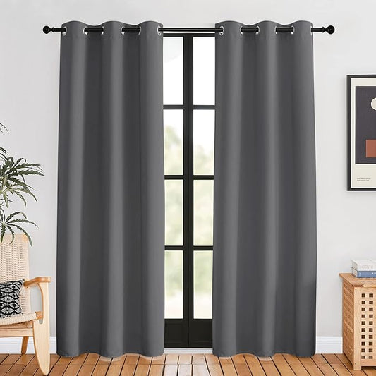 NICETOWN Bedroom Curtains Blackout Drapery Panels, 2 Panels, 42 x 80 inches, Gray, Three Pass Microfiber Thermal Insulated Solid Ring Top Blackout Window Curtains/Drapes