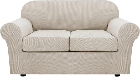 H.VERSAILTEX 3 Piece Stretch Sofa Covers for 2 Cushion Loveseat Couch Covers for Living Room Furniture Cover (Base Cover Plus 2 Seat Cushion Covers) Thicker Jacquard Fabric(Medium, Island Fossi)