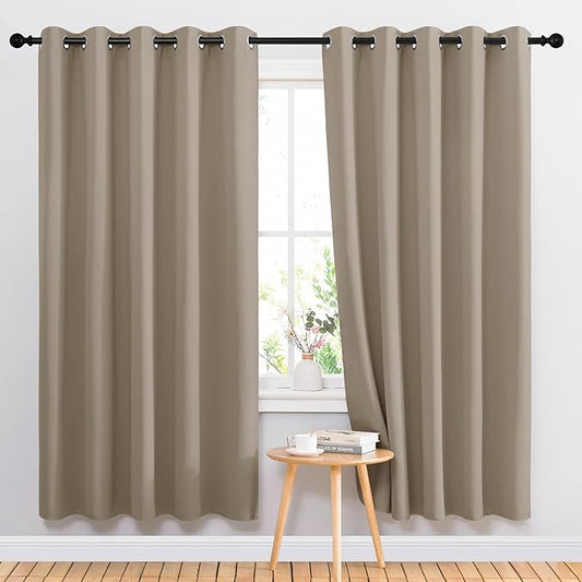 NICETOWN Bedroom Curtains Blackout Drapery Panels, 2 Panels, 70 x 72 inches, Taupe, Three Pass Microfiber Thermal Insulated Solid Ring Top Blackout Window Curtains/Drapes