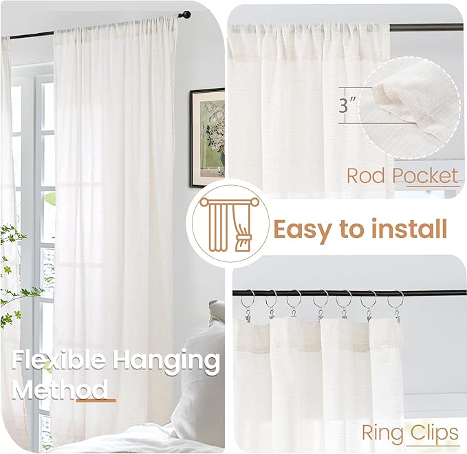 BGment Natural Linen Curtains 63 Inch Length for Living Room - Rod Pocket Textured Light Filtering Window Drapes for Bedroom Farmhouse Lightweight Rustic Decor, 2 Panels Set, 42 X 63 Inch