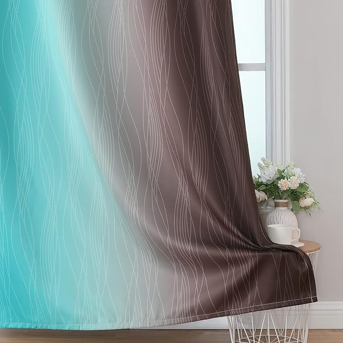 Estelar Textiler Brown and Teal Blackout Curtains & Drapes for Bedroom, Thermal Insulated Ombre Blackout Drapes, Room Darkening Energy Saving Curtains for Living Room, 42Wx63L, 2 Panels
