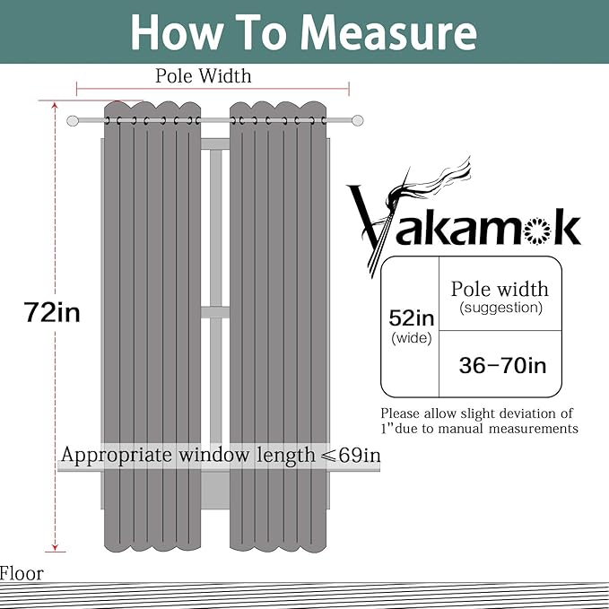 Yakamok Gray Full Shading Curtain Panels for Windows, 2 Thick Layers Thermal Insulated Drapes with Black Liner for Living Room(52Wx72L, Grey, 2 Panels)