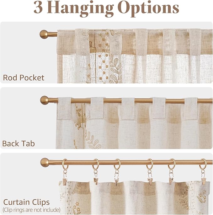 jinchan Belrose Linen Floral Kitchen Curtains 24 inch Length Embroidered Farmhouse Cafe Curtains for Living Room Bathroom Small Windows Curtain Set Sheer Light Filtering 2 Panels Beige