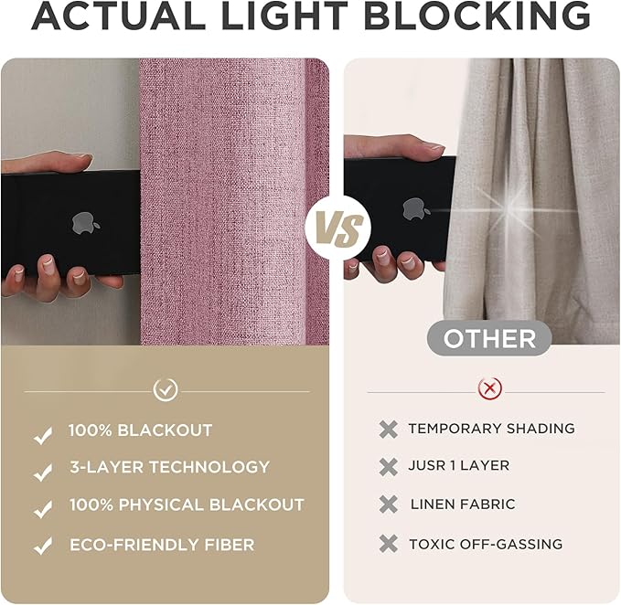 Joydeco Linen Blackout Curtains for Bedroom - 100% Light Blocking 1 Panels, Pink Drapes 70" W x 90" L, Thermal Insulated Room Darkening Curtains for Living Room, Rod Pocket & Back Tabs
