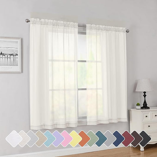 Simplebrand Ivory Short Sheer Curtains 45 Inch Length for Small Windows, Rod Pocket 2 Panels Set Solid Voile Drapes Window Sheer Curtains for Bedroom Bathroom Kids Room Kitchen, 42x45 Inch, Ivory