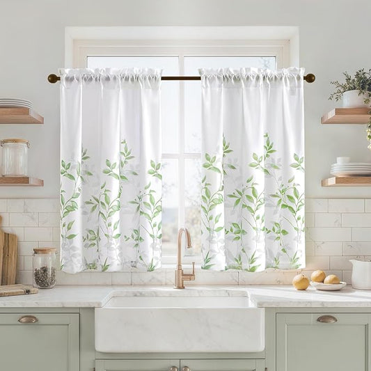 HOMEIDEAS Kitchen Curtains, Short Non-See-Through Privacy 30X36 Inch Length Tier Curtains, Green and White Leaf Floral Print Light Filtering Semi Sheer Small Window Drapes for Bathroom Cafe, 2 Panels