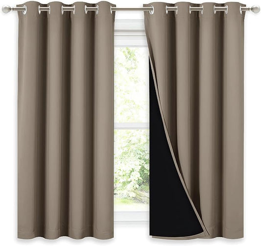 NICETOWN 100% Blackout Curtains with Black Liners, Thermal Insulated Full Blackout 2-Layer Lined Drapes, Noise Cancellation Window Draperies for Dining Room (Taupe, 2 Panels, 52-inch W by 54-inch L)