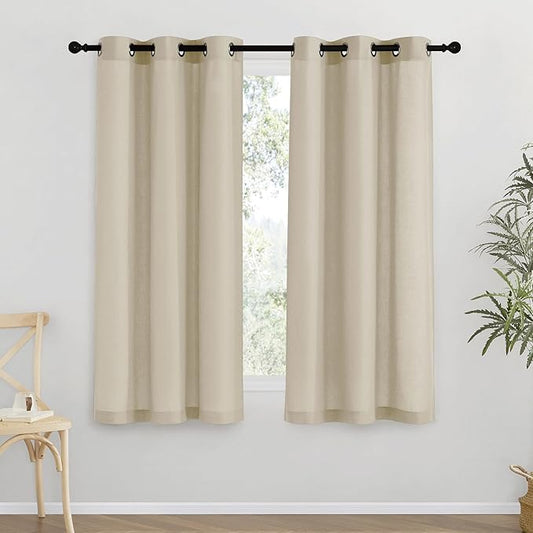 NICETOWN Thick Linen Blend Curtains Flax Textured for Bedroom, Rustic Grommet Semi Sheer Privacy Added Window Curtains & Drapes Light Filtering for Nursery, Angora, W42 x L63, Set of 2