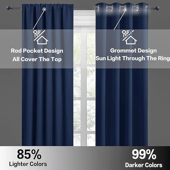 RYB HOME Short Blackout Curtains for Bedroom, Room Darkening Insulated Summer Heat Light UV Blocking Energy Saving Drapes for Nursery, Width 34 by Length 45, Navy Blue, Set of 2