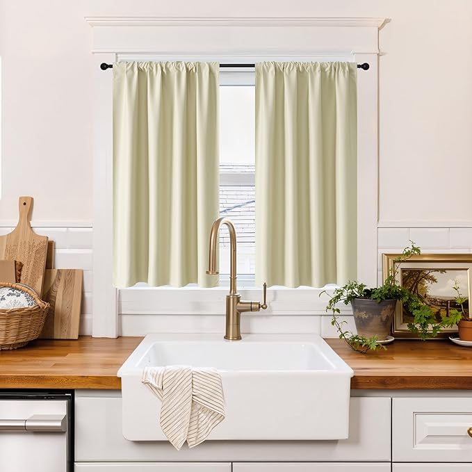 RYB HOME 100% Blackout Short Curtains for Small Window, Thermal Insulated Total Room Darkening Noise Reducing Curtains for Kitchen Bathroom Basement, 42 inches Wide by 36 inches Long, Beige