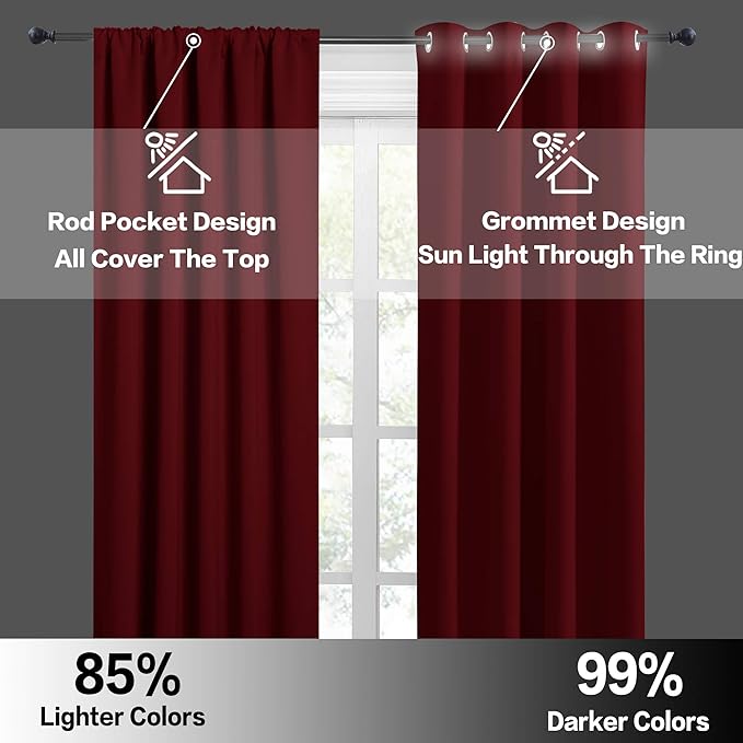 RYB HOME Short Blackout Curtains for Small Window, Sunmmer Heat Light Blocking Privacy Protection Curtains for Sunroom Laundry Room Stair Window, Width 52 by Length 36, Burgundy Red, Set of 2