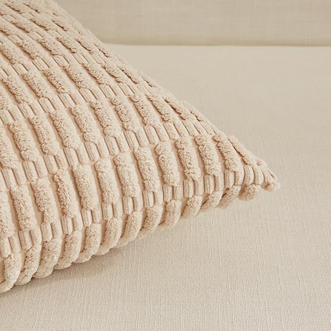 Fancy Homi 4 Packs Neutral Small Decorative Throw Pillow Covers 12x12 Inch for Living Room Couch Bed Sofa, Rustic Farmhouse Boho Home Decor, Soft Plush Striped Corduroy Square Cushion Case 30x30 cm