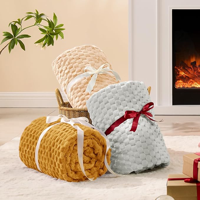BEDELITE Fleece Blanket - 3D Jacquard Decorative Mustard Yellow Throw Blankets for Couch & Bed, Soft and Cozy Warm Plush Fluffy Blanket All Seasons Suitable, 50x60Inches
