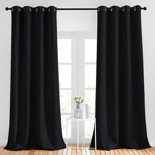 NICETOWN Blackout Black Curtains & Drapes 90 inches Long - Grommet Thermal Insulated Blackout Drapes Light Blinds Room Darkening Window Treatments for Bedroom (2 Panels, W52 x L90, Black)