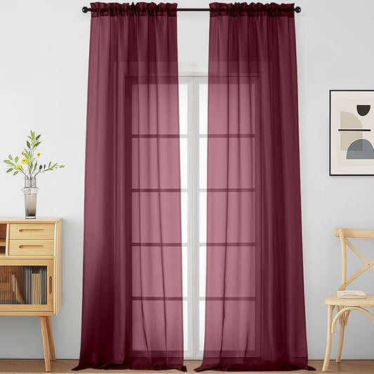 Burgundy Sheer Curtains 120 Inches Long 2 Panels, Extra Long Light Filtering Modern Window Curtains for Sliding Glass Door, Rod Pocket Voile Drapes for Living Room Bedroom, 2x42Wx120L Inches