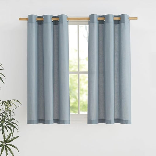NICETOWN Stone Blue Short Linen Curtains for Kitchen, Thick Flax Small Window Treatments Semi Sheer Privacy Assured with Light Through for Cafe/Bathroom, W42 x L48, 2 Panels