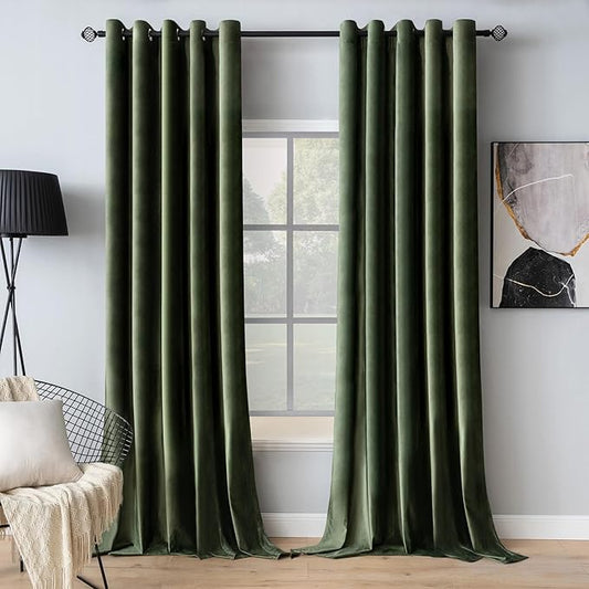 MIULEE Velvet Curtains Olive Green Elegant Grommet Thermal Insulated Soundproof Room Darkening Curtain/Drapes for Classical Living Room Bedroom Decor 66 x 84 Inch Set of 2