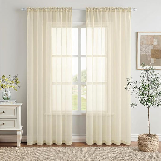 MIULEE 2 Panels Solid Color Light Cream Sheer Window Curtains Elegant Window Voile Panels/Drapes/Treatment for Bedroom Living Room (54 X 102 Inches Light Cream)