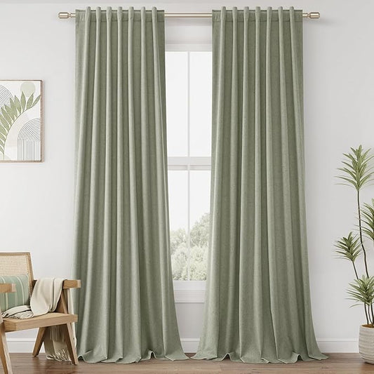 Guken Sage Green 100% Blackout Curtains 105 Inch Length 2 Panels Set for Living Room Bedroom Back Tab Thermal Insulated Black Out Linen Drapes Room Darkening Window Curtains
