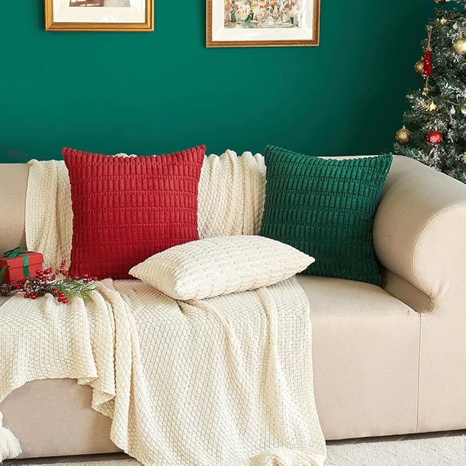 MIULEE Pack of 2 Dark Green Corduroy Decorative Euro Sham Pillow Covers 24x24 Inch Soft Boho Striped Throw Pillow Covers Modern Farmhouse Home Decor for Sofa Living Room Couch Bed