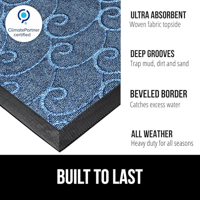 GORILLA GRIP 100% Waterproof All-Season WeatherMAX Doormat, US Designed Natural Rubber, Stain and Fade Resistant, Low Profile Indoor Outdoor Door Mats, Easy Clean Patio Mat, 29x17, Ocean Blue Waves