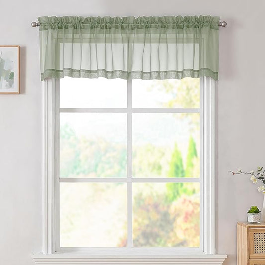 Simplebrand Sage Green Valances 14 Inches Long for Living Room Pocket 2 Panel Light Filtering Sheer Translucent Valence Toppers for Window Kitchen Bathroom Bedroom 42x14 Inch Length