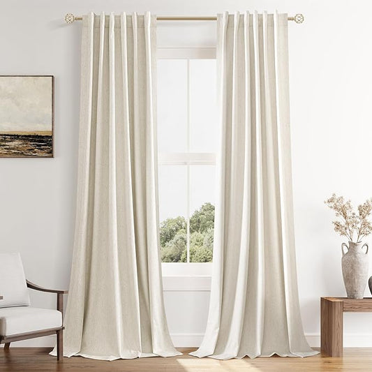 Guken 100% Blackout Linen Curtains 96 Inch Length 2 Panels Set for Living Room Bedroom Back Tab Thermal Insulated Black Out Drapes Room Darkening Farmhouse Style for Bedroom Window Curtains 40 Wide