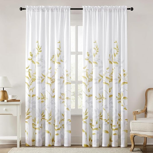 HOMEIDEAS Non-See-Through Gold and White Privacy Sheer Curtains 52 X 84 Inch Length 2 Panels, Leaf Floral Printed Light Filtering Semi Sheer Window Curtains Drapes for Bedroom Living Room