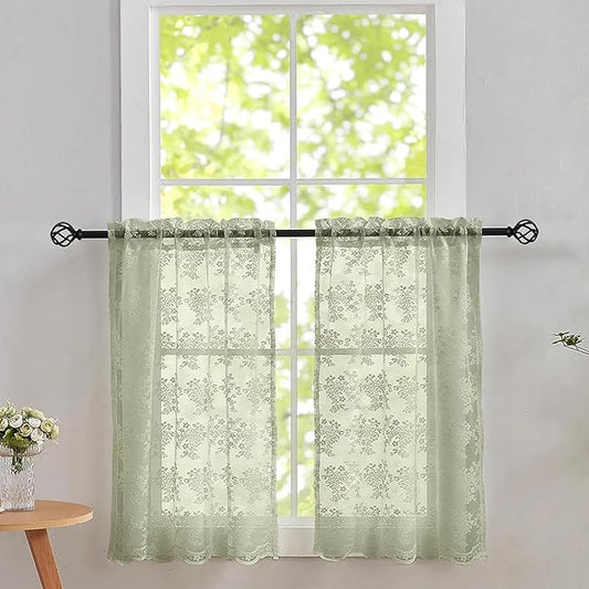 YJ YANJUN Vintage Lace Curtains 24 Inch Length- Boho Short Cafe Curtains for Small Window Light Filtering Scalloped Edges Sheer Drapes for Bathroom Basement Each 26x24 Inch 2 Panels