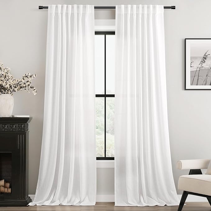 Linen White Curtains 90 inches Long for Bedroom Loop Pocket Privacy Light Filtering Semi Sheer White Boho Farmhouse Curtain Drapes Cotton Textured Modern Elegant Coastal Living Room Decor 60x90