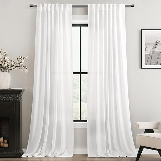 Linen White Curtains 80 inches Long for Bedroom Loop Pocket Privacy Light Filtering Semi Sheer White Boho Farmhouse Curtain Drapes Cotton Textured Modern Elegant Coastal Living Room Decor Pure White