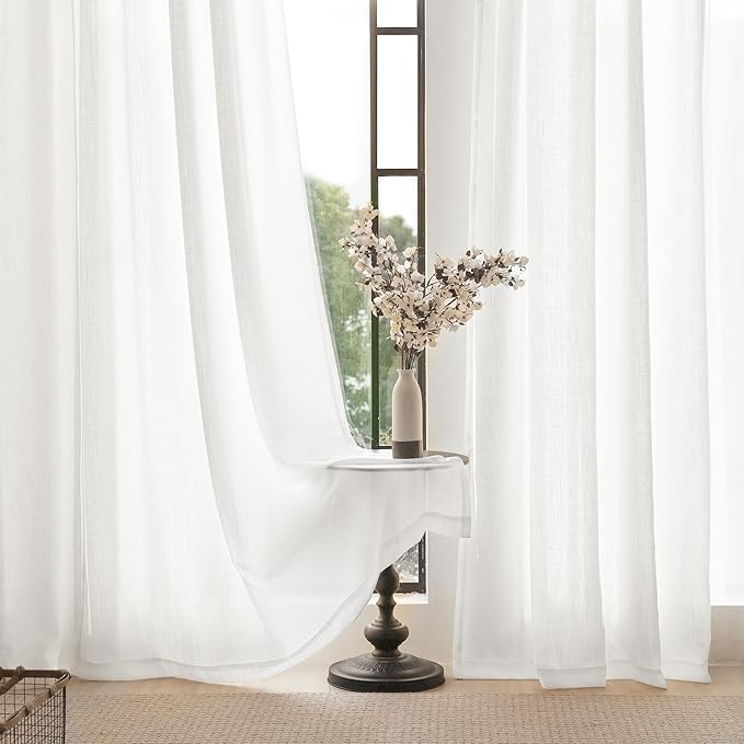 White Curtains 96 inches Long 2 Panels Back Tab Light Filtering Cotton Textured Curtain Modern Farmhouse Coastal Decor Off White Linen Drapes 96 inch Length for Patio Sliding Door Office Bedroom