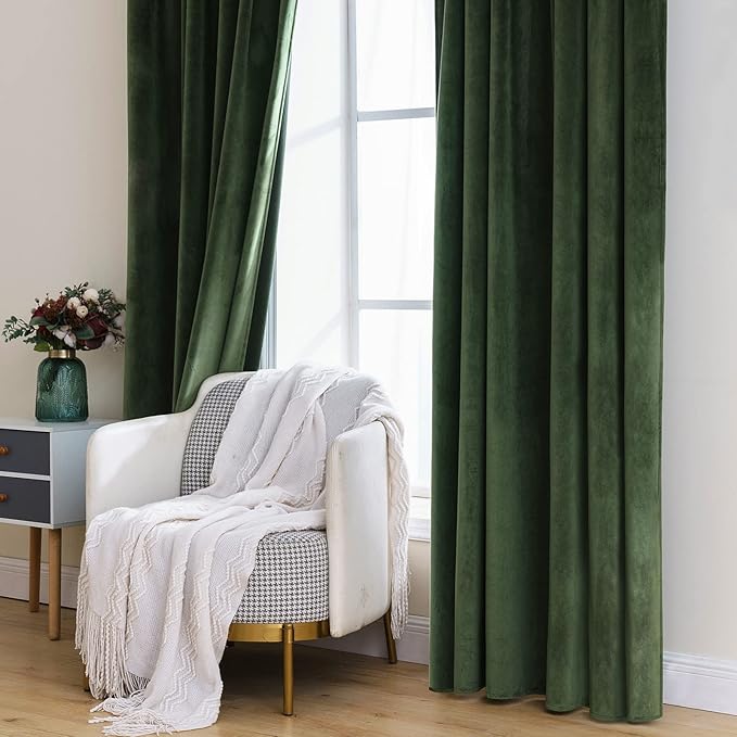 MIULEE Velvet Curtains 80 inches - Luxury Blackout Curtains for Bedroom Living Room Thermal Insulated Super Soft Window Drapes Rod Pocket & Back Tab, Olive Green, W52 x L80 inches, 2 Panels