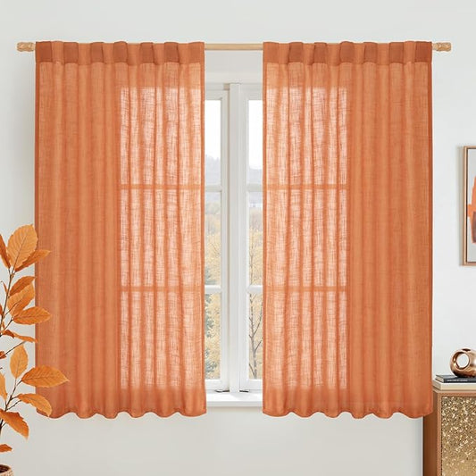 LAMIT Burnt Orange Linen Curtains 54 Inch Length 2 Panels, Light Filtering Panels Back Tab and Rod Pocket Country Decor Drapes for Bathroom/Window/Bedroom, 52 x 54 Inch