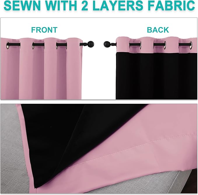 NICETOWN 100% Blackout Curtains with Black Liners, Thermal Insulated Full Blackout 2-Layer Lined Drapes, Energy Efficiency Window Draperies for Bedroom (Crystal Pink, 2 Panels, 55-inch W by 68-inch L)
