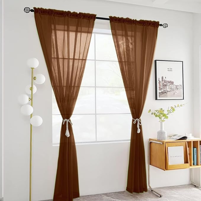 SpaceDresser Sheer Voile Window Treatment Rod Pocket Curtain Panels for Kitchen Bedroom Living Room Drapes Sunlight Filtering Privacy Semi Home Decor Assorted (Brown, 52 W x 84 L)