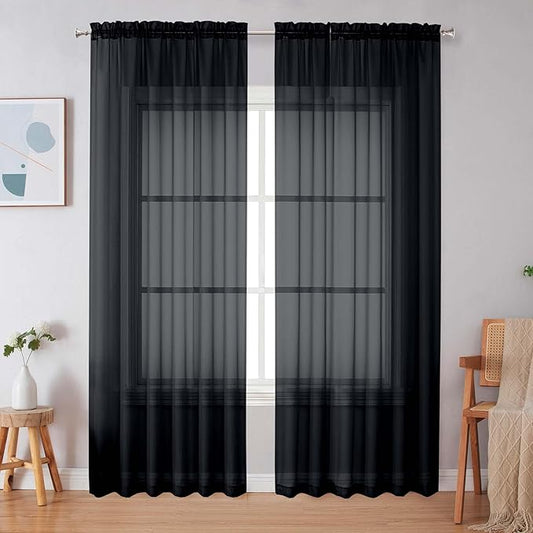 Simplebrand Black Sheer Curtains 84 Inches Long, Light Filtering Rod Pocket Solid Color Window Sheer Curtain Panels, Elegant Curtains & Drapes for Living Room, Bedroom 2 Panels (Black, 59" W x 84" L)
