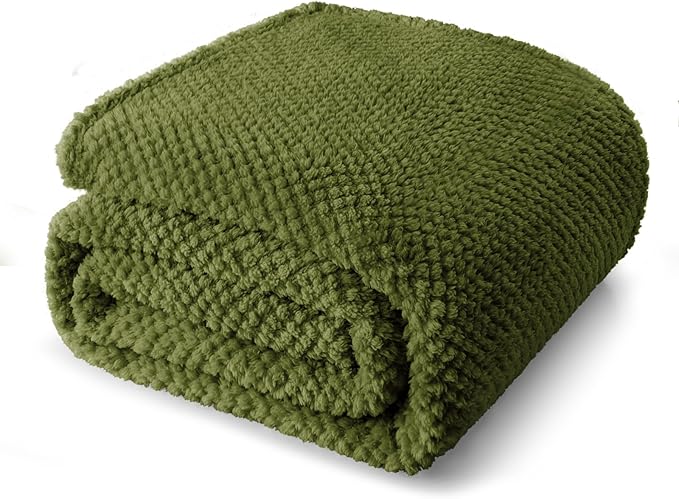 Whale Flotilla Queen Size Fuzzy Fleece Blanket, Fluffy Warm Soft Jacquard Bed Blankets for All Season, Lightweight and Cozy, 90x90 Inch, Olive