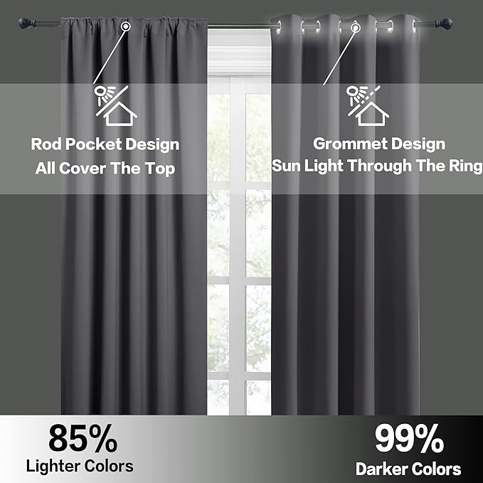RYB HOME Short Blackout Curtains for Bedroom, Room Darkening Insulated Summer Heat Light UV Blocking Energy Saving Drapes for Nursery, Width 34 by Length 48, Grey, Set of 2