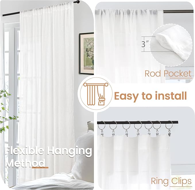 BGment White Linen Semi Sheer Curtains 45 Inch Length for Short Window - Lightweight Drapes Light Filtering with Rod Pocket for Cafe Bedroom Kitchen Bathroom Window, 2 Panels Set, 42 X 45 Inch