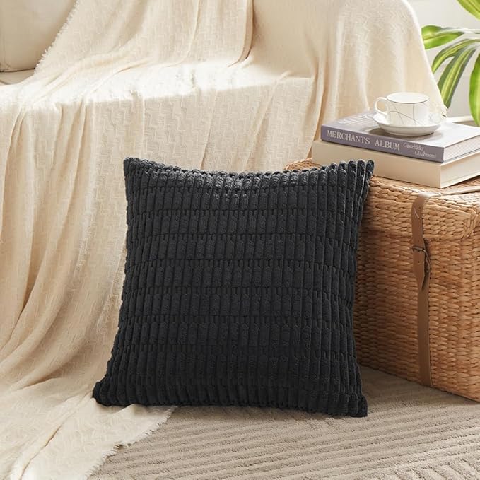 Fancy Homi 4 Packs Boho Black Decorative Throw Pillow Covers 26x26 Inch for Living Room Couch Bed Sofa, Rustic Modern Farmhouse Home Decor, Soft Plush Corduroy Cute Square Cushion Case 66x66 cm