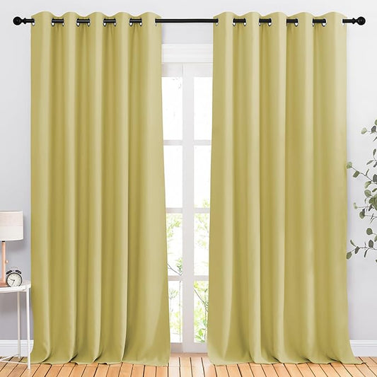 NICETOWN Room Darkening Curtains for Windows - Home Fashion Energy Saving Grommet Top Thermal Insulated Drapes for Bedroom/Patio Door (Paler Yellow, 1 Pair, 66 by 90 Inch)