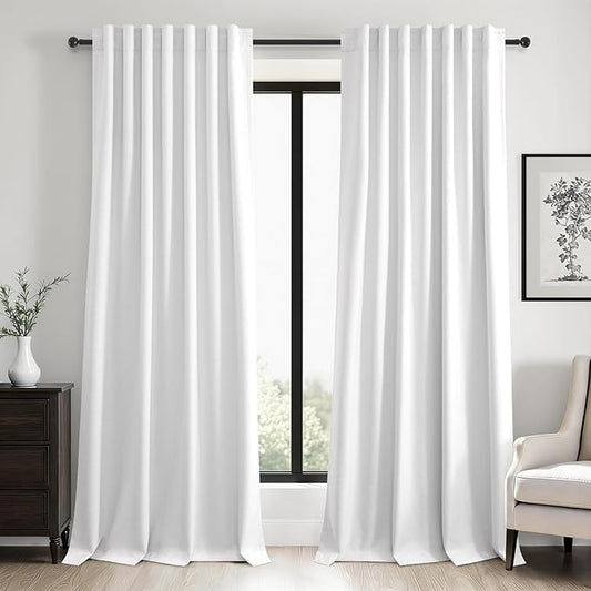 96 inch long Linen blackout curtains 2 Panels 100% Black out Linen texture Curtains ivory white Window Drapes with Back Tab Rod Pocket Mordern vintage Curtains Panel for Bedroom Living Room 8FT